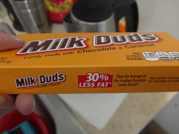 Milk Duds box advertises 30% less fat